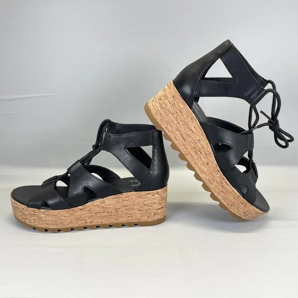 Sorel Cameron Flatform Wedge Sandals Womens Size 9.5 Black Leather Strappy Shoes